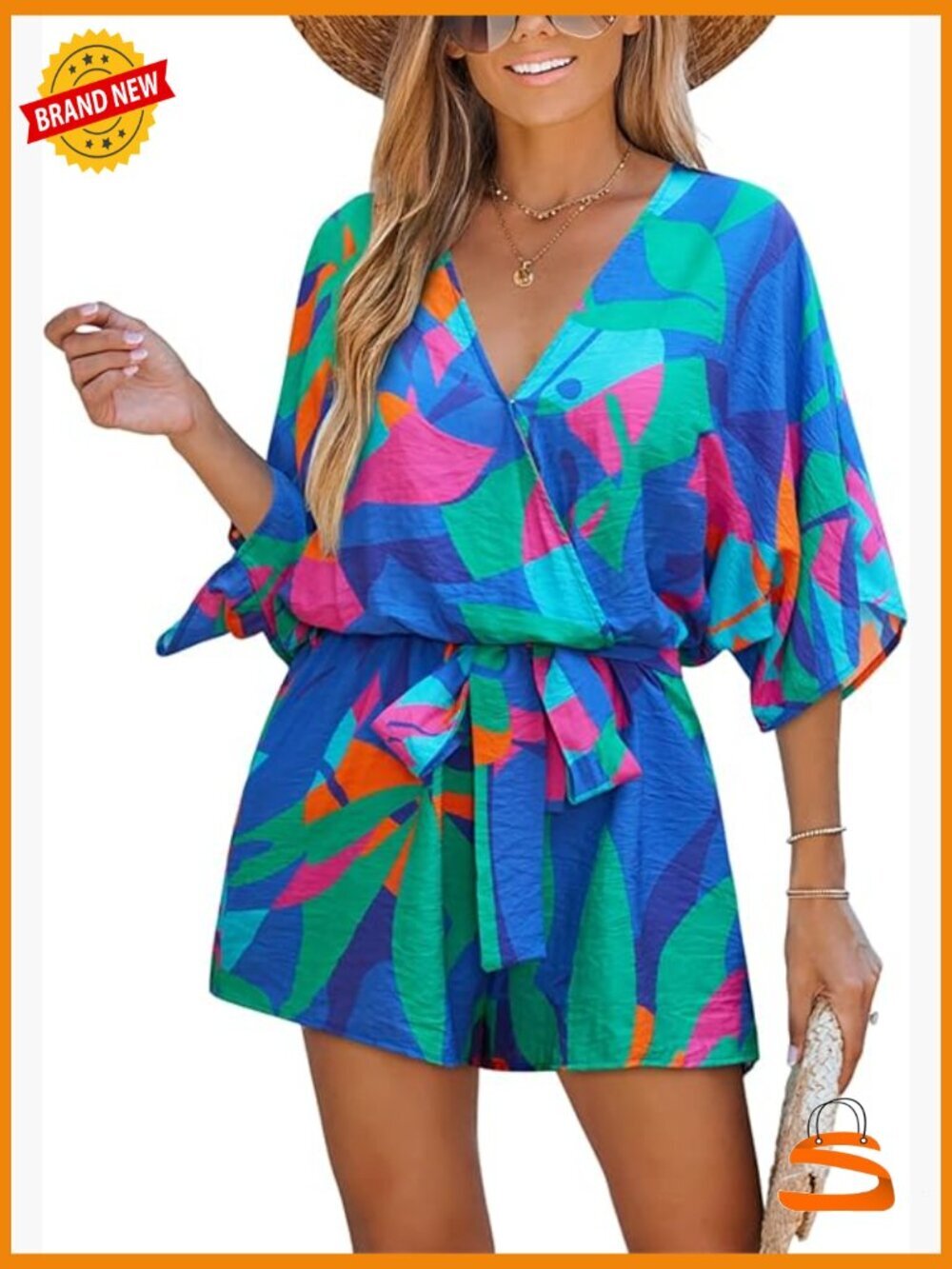 Boho Floral Romper Short Sleeve V Neck Tie Waist Summer Jumpsuit
